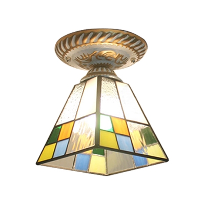 Tiffany Stained Glass Geometric Pattern Square Semi Flush Lighting with Metal Canopy