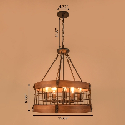 Vintage Style Metal Iron Frame 5 Light Wood Chandelier Light for Indoor with Adjustable Chain