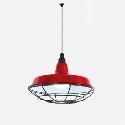 14'' W Single Light Industrial Pendant Light with Cage in Dark Green/Red Finish