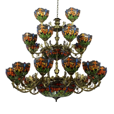 3-Tier Large Size Tiffany Stained Glass Dragonfly Chandelier with 2 Center Bowls