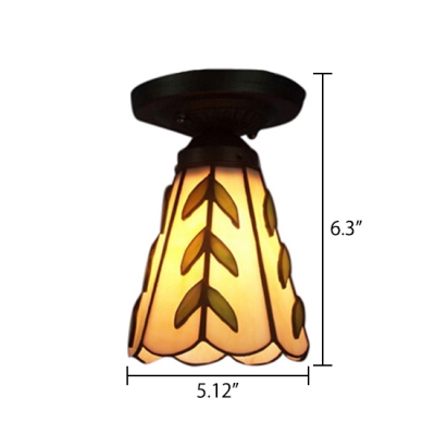 5-Inch Wide Bell Shaped Shade Leaf Theme Semi Flush Mount Ceiling Light in Beige