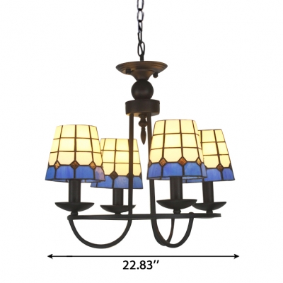 Blue&White Gird Empire Shade Tiffany Art Glass Chandelier in Black Finish 3 Sizes for Choice