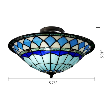 Craftsman Style Tiffany Mediterranean Three Light Flush Mount Ceiling Light