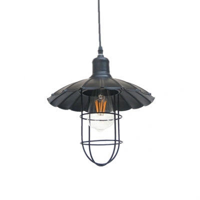Industrial Style Black Single-Bulb Hanging Lamp Down Lighting with Scalloped Shade Cage
