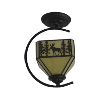 Lodge Style Deer Pattern Square Semi Flush Mount with Wrought Iron Arm, Up Lighting