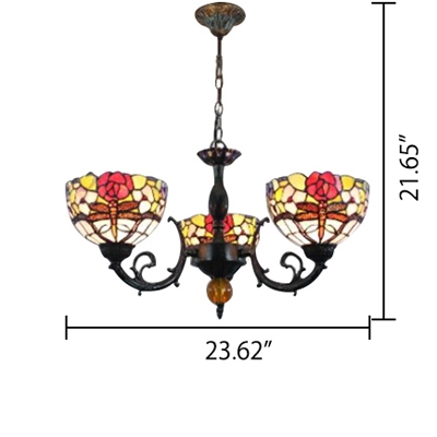 Three Light Dragonfly Mix Flowers Chandelier with Multicolored Glass Shade