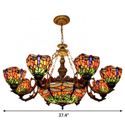 Tiffany Orange Stained Glass Dragonfly Motif 7/9 Heads Chandelier with Center Bowl