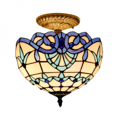 Victorian Style Orange/Blue Tiffany Stained Glass Semi Flush Light with Bronze Canopy