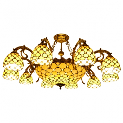 Yellow Beads Accented 7/11-Head Center Bowl Tiffany Chandelier in Beige