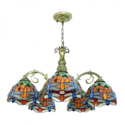 5/8 Lights Tiffany Stained Glass Dragonfly Patterned Chandelier in Wrought Iron Style