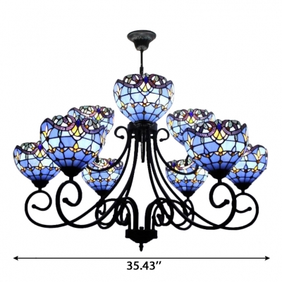 Blue/Orange Stained Glass Victorian Style Chandelier with Wrought Iron Black Frame for Hotel Lobby