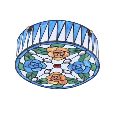 Red and Blue Floral Theme Drum Shape Flushmount Ceiling Light with Jewels in Tiffany Style