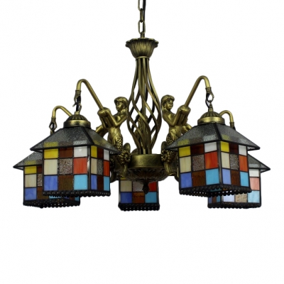 Stained Glass Lodge Designed Shade 5-Light Chandelier with Bronze Finish Mermaid Arms