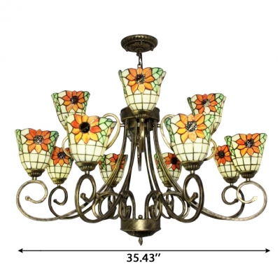 Sunflower Pattern Bowl Shade 12-Light Inverted Chandelier in Rustic Style
