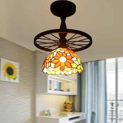 Tiffany Stained Glass Dome Shade Semi Flush Ceiling Light with Vintage Wheel Decor 15.35