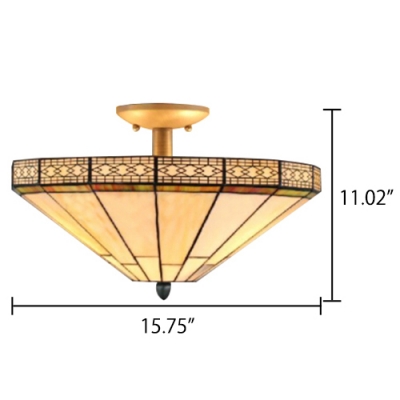 2-Light Semi-Flush Mount Ceiling Fixture with Tiffany White Stained Glass, 16-Inch Wide Conical Lampshade