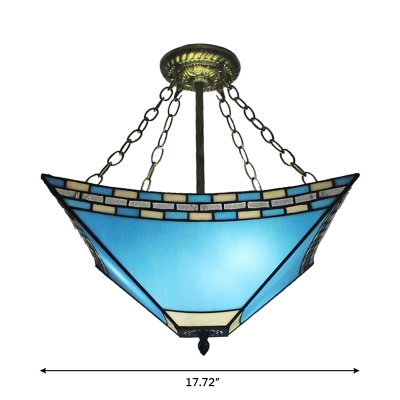 3-Light Semi-Flush Ceiling Fixture in Tiffany Style with Blue Stained Glass, 18-Inch Wide Lampshade