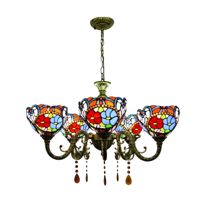 5-Light Multicolored Flower Pattern Bowl Shade Chandelier with Amber Crystal Droplets