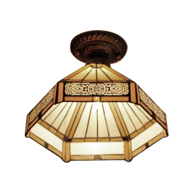 Craftsman Style 1 Light Tiffany Semi Flush Mount Light with Amber Hexagon Shade