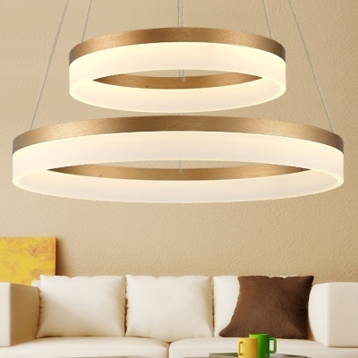 Modern Brass Tiered Frosted Shade LED Circular Ring Chandelier wIith Adjustable Height 5 Sizes for