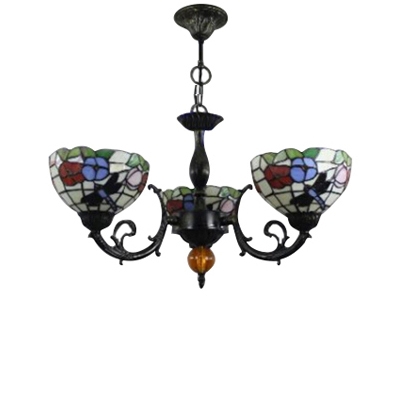 Three Light Dragonfly Mix Flowers Chandelier with Multicolored Glass Shade