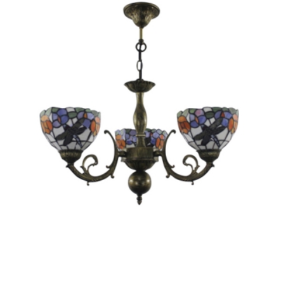 Three Light Dragonfly Mix Flowers Chandelier with Multicolored Glass Shade