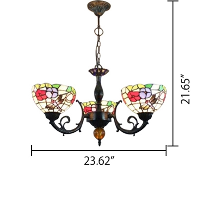 Three Light Dragonfly Mix Flowers Chandelier with Multicolored Glass Shade