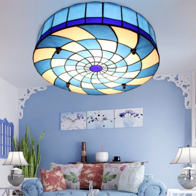 Blue&White Grid Cyclone Design Tiffany Stained Glass Ceiling Light 15.75 Inch Wide