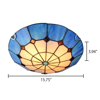 Blue/Yellow Circular Grid Pattern Mediterranean Style Flush Mount Light with Tiffany Stained Glass Bowl Shade 15.75