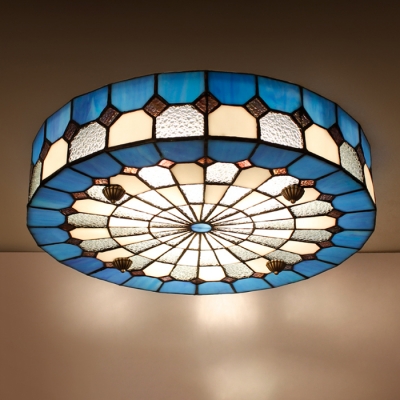 Circular Grid Blue Stained Glass Tiffany Flush Mount Ceiling Light in Mediterranean Style 2 Sizes Available