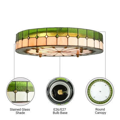 Drum Shade Green Stained Glass Tiffany Flush Mount Ceiling Light in Circular Grid Design