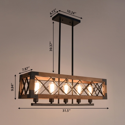 Industrial Style 5 Light Ceiling Light Island Lamp with Wood Frame in Black Finish for Living Room Restaurant
