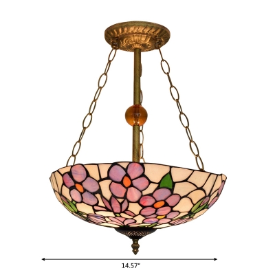Inverted Pendant with Floral Glass Shade Tiffany Style Semi-Flush Mount Ceiling Fixture, Multi-Colored, 3 Light