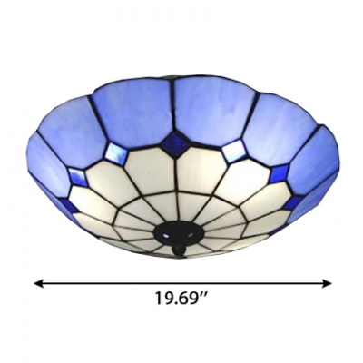 Large Size Tiffany Flush Mount light with Blue Art Glass Lotus Shade