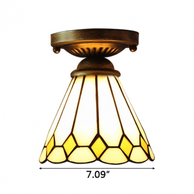 Tiffany Stained Glass Cone Shade Semi Flush Ceiling Light with Yellow Diamond Pattern