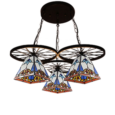 Tiffany Stained Glass Pyramid Shade Multi Light Pendant Light with Wheel Decor 2 Designs for Option