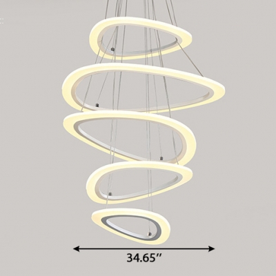 Unique Pendant Lights White Acrylic 4 Ring/5 Ring LED Oval Chandelier 115W Height Adjustable Mango Shaped LED Chandeliers for Foyer Staircase Hall