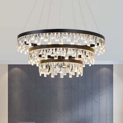 Contemporary Tiered Small/Medium/Large Chandelier Black Metal Suspended Loop with Hanging Crystal