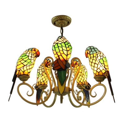 Tiffany Stained Glass 5-Bulb Red/Yellow Parrot Shade Chandelier in Brass Finish