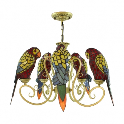 Tiffany Stained Glass 5-Bulb Red/Yellow Parrot Shade Chandelier in Brass Finish