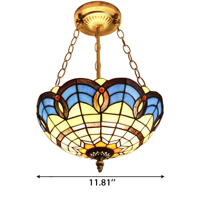 Mediterranean Style Stained Glass Bowl Shade Pendant Light, Up Lighting, 3 Sizes Available