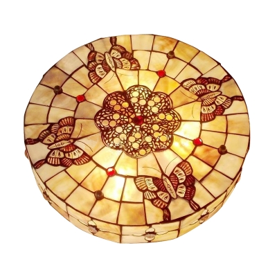 

15.75" Wide Tiffany Handmade Shell Flush Mount Light with Elegant Butterfly and Flower Pattern Drum Shade, HL484521