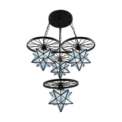 2-Tier Sky Blue Star Designed 4-Light Pendant Light Fixture with Black Wheels for Kids Room