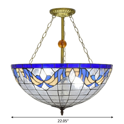 3-Light Inverted Semi-Flush Lamp in Bowl Shaped, Tiffany-Style 22
