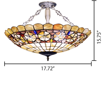 Hollowed-Out Floral Theme Inverted Ceiling Light Tiffany Style Colorful Stained Glass Semi Flush Mount Light