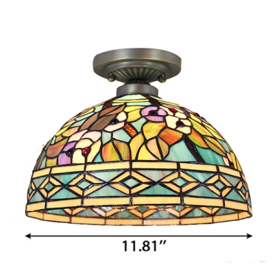 Floral Theme Tiffany Style Dome Shaped Semi Flush Mount Ceiling Fixture with Colorful Glass Shade, 2 Lights