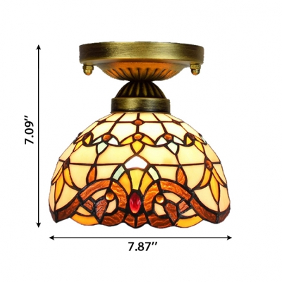 Gorgeous Flower Pattern Tiffany Semi Flush Mount Ceiling Light with Stained Glass Dome Shade