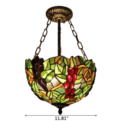 12-Inch Wide Tiffany Style Semi-Flush Ceiling Light with Fruit Theme Grape Pattern Glass Shade, 2-Light, Multi-Colored