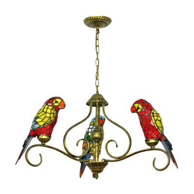 3/6-Light Multicolored Parrot Tiffany Stained Glass Chandelier in Shabby Chic Style