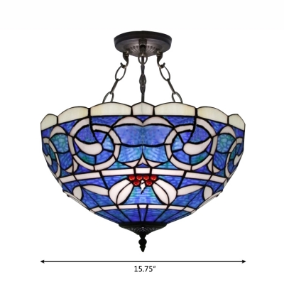 Blue Bowl Shade 3 Lights Tiffany Pendant with White Leaf Motif